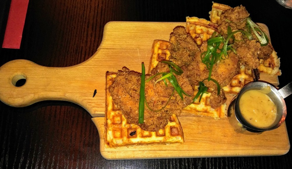 Fried chicken on house waffles